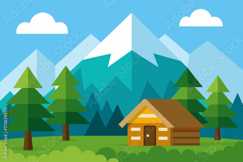 A cartoon illustration of a mountain forest with a log cabin vector illustration