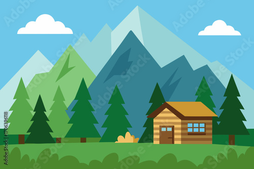 A simple cartoon of a mountain forest with a log cabin vector illustration