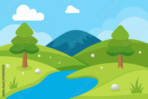A cartoon illustration of a meadow with a small creek vector illustration