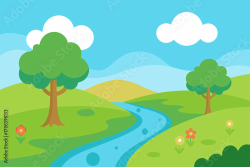 A serene cartoon scene of a meadow with a small creek vector illustration
