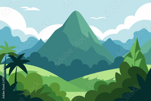 A cartoon illustration of misty jungle mountains vector illustration