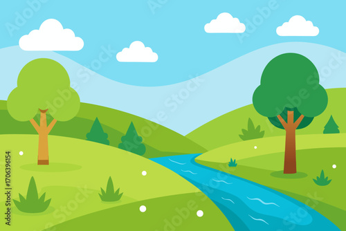 A simple cartoon of a meadow with a small creek vector illustration