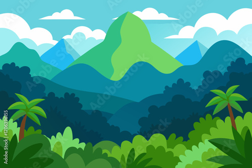 A simple cartoon of misty jungle mountains vector illustration