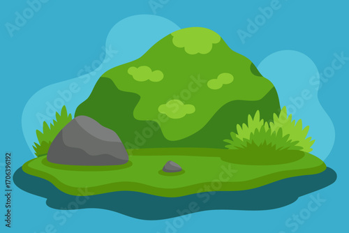 A cartoon illustration of a mossy rock stream vector illustration