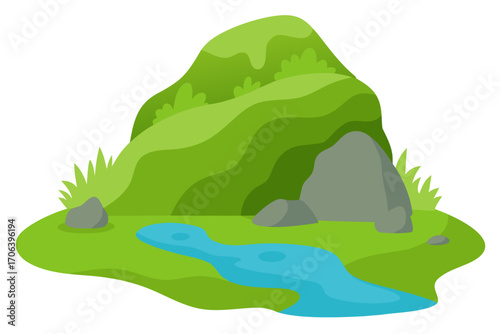 A simple cartoon of a mossy rock stream vector illustration