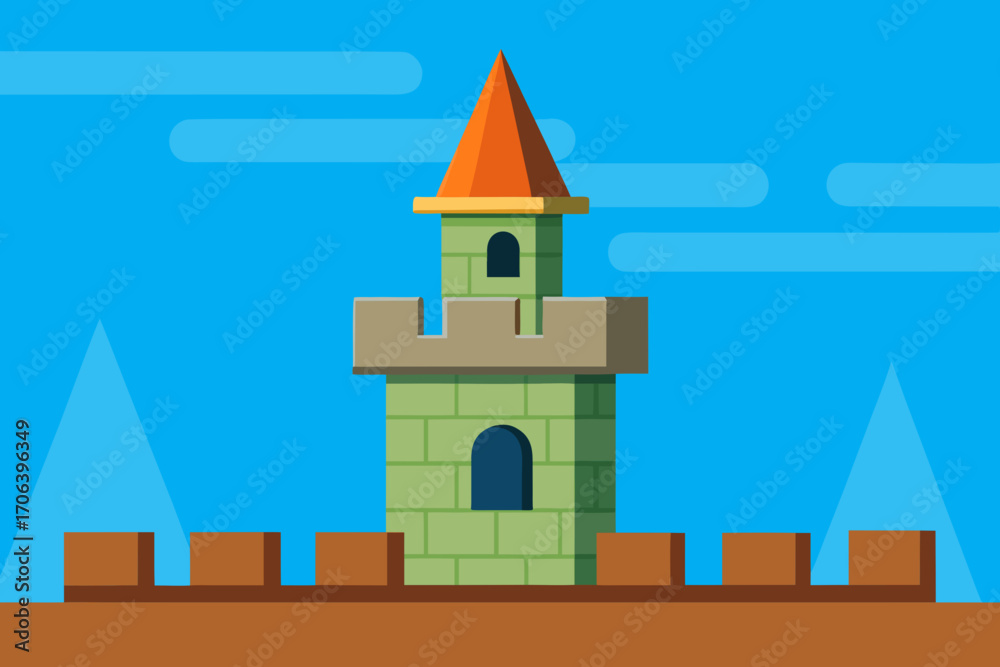 Fototapeta premium A cartoon medieval castle tower rooftop background vector illustration