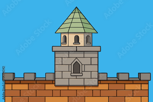 A scenic cartoon background of a medieval castle tower rooftop vector illustration