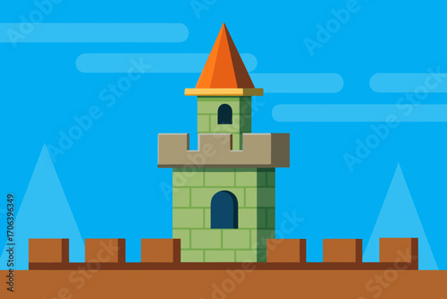 A cartoon medieval castle tower rooftop background vector illustration