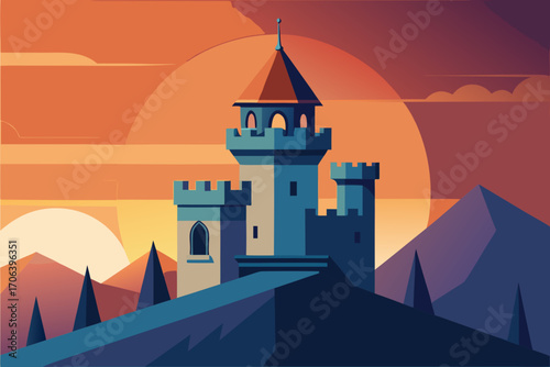 A simple cartoon illustration of a medieval castle tower rooftop vector illustration