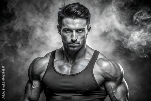 Young male athlete bodybuilder posing and doing sports exercises in the gym