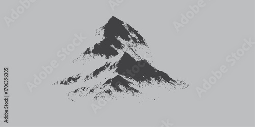 Vector cartoon illustration of a vintage mountain landscape with grunge texture and ink splatter