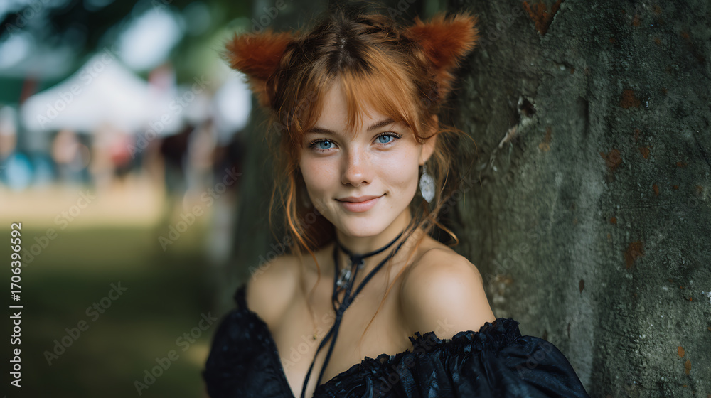 Fototapeta premium Outdoor cosplay portrait of fox girl with red ears, forest setting with soft background blur, natural light fantasy costume photo, playful expression and nature vibes