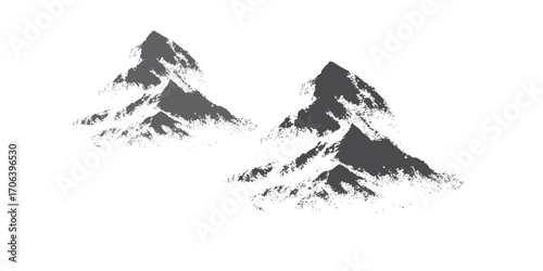 Mountain landscape vector illustration showing a snowy peak in a cold winter scene with black rock and white clouds