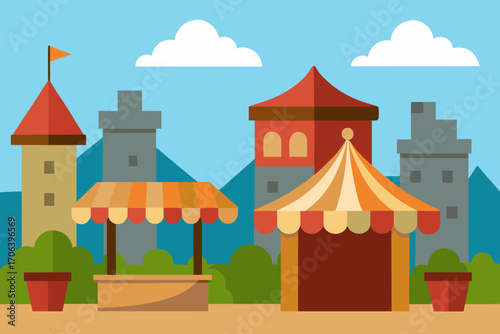 A busy cartoon background of a medieval market with stalls vector illustration
