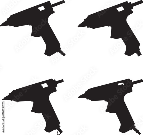 Four black silhouettes of glue guns on a white background silhouette