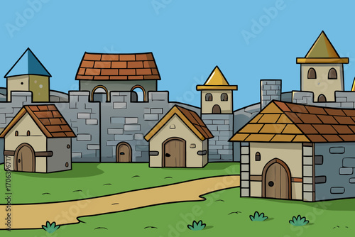 A simple cartoon background of a medieval village with stone houses vector illustration