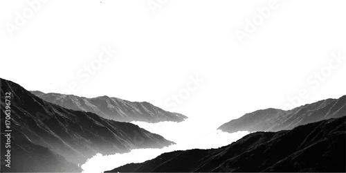 Majestic mountain peaks pierce the sky at sunset, their snowy slopes blanketed in a golden mist