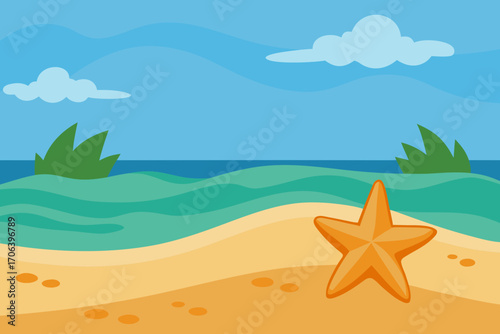 A cartoon illustration of an ocean shore with starfish vector illustration