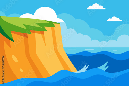 A simple cartoon of an ocean cliff with waves crashing vector illustration
