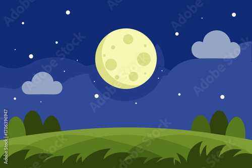 A simple cartoon of a night sky with a full moon over a meadow vector illustration