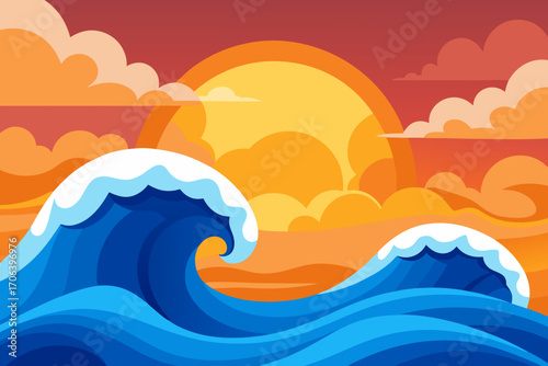 A beautiful cartoon scene of ocean waves at sunset vector illustration