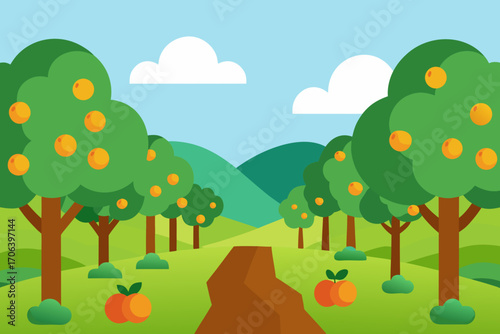 A cartoon illustration of an orchard with fruit trees vector illustration