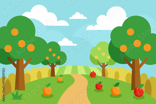 A beautiful cartoon scene of an orchard with fruit trees vector illustration