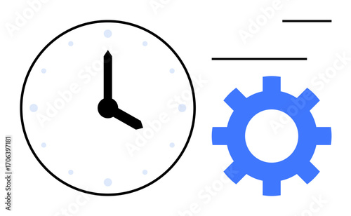 Clock indicating time alongside a blue gear symbolizing operations and productivity. Ideal for planning, workflow, deadlines, efficiency, automation, business, simple flat metaphor