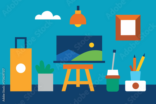 A cartoon illustration of a painter's studio vector illustration