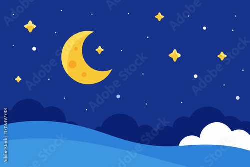 A cartoon night sky background with stars and a moon vector illustration
