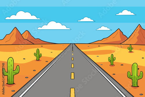 A simple cartoon illustration of an open road highway in the desert vector illustration