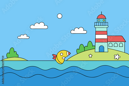 A simple cartoon illustration of an ocean lighthouse island vector illustration