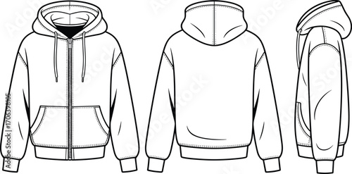 Hoodie sketch, technical fashion illustration, front, back and side view, zip-up sweatshirt, drawstring hood, vector, garment, design, casual wear