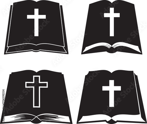 Four open bibles with crosses silhouette