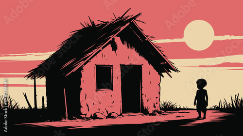 Child stands before humble home in warm sunset landscape, dreaming of brighter future ahead