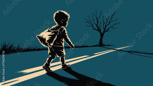 Lonely boy walking into the unknown with a bag, a journey of hope and resilience, childhood innocence