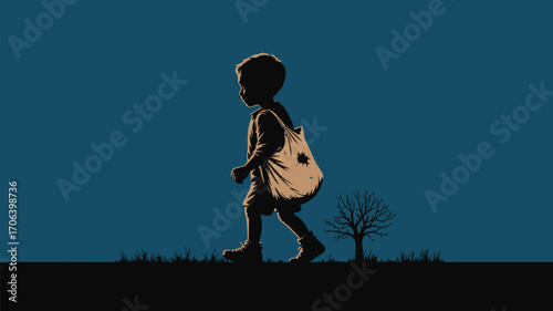 Lonely boy walking with bag, silhouette against dark blue background, conceptual illustration, art