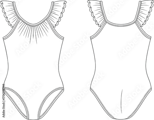 One-piece swimsuit sketch, technical fashion illustration, front and back view, ruffle shoulder, scoop neckline, vector, garment, sewing, design, swimwear