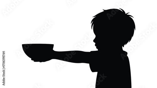 Young boy holds out empty bowl asking for food in silhouette against white backdrop for social awareness