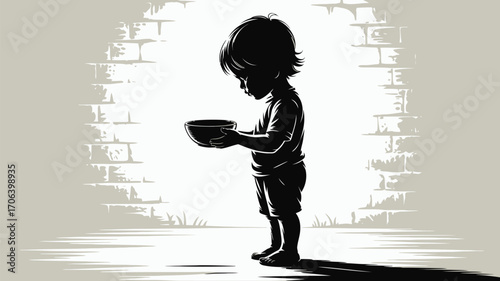 Vulnerable child holding empty bowl, symbolizing poverty, need, and social issues with a minimalist design
