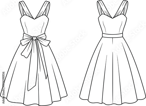 Sleeveless dress sketch, fashion illustration, bow detail, V-neckline, flared skirt, technical drawing, garment design, vector, sewing, apparel, silhouette