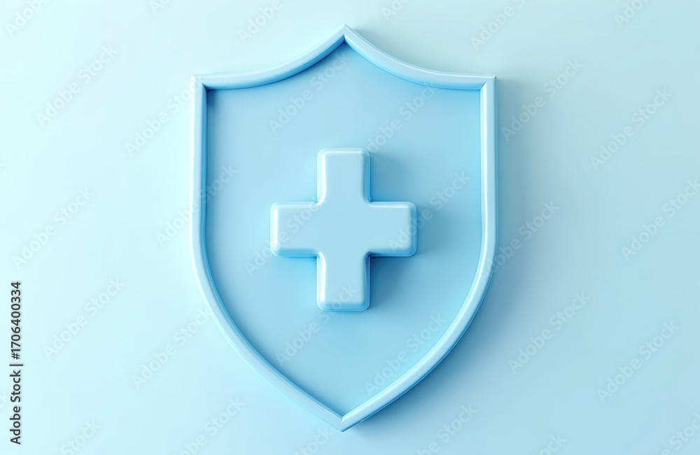 Obraz premium Minimalist 3D render of light blue shield icon with white cross symbol. Modern, clean design represents health protection, safety, medical care. Immunity, defense against viruses, overall wellness