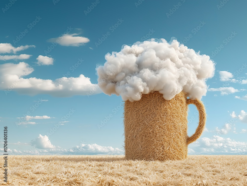 © AmayaGB - Una jarra de cerveza hecha de heno encima una nube de blanca espuma esponjosa, perspectiva grades proporciones, en medio del campo segado, día soleado con pequeños cúmulos en el cielo azul, artesanal © AmayaGB - Una jarra de cerveza hecha de heno encima una nube de blanca espuma esponjosa, perspectiva grades proporciones, en medio del campo segado, día soleado con pequeños cúmulos en el cielo azul, artesanal