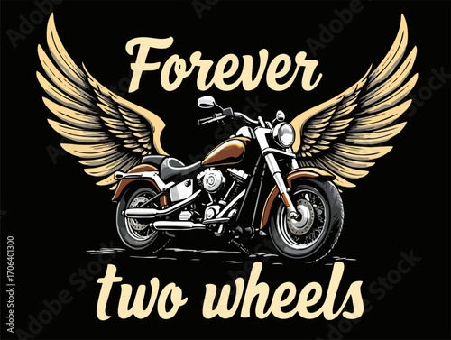 Vector t-shirt design with biker motorcycle, wings
on black background. Fashionable print for fabric, paper, men clothing,
hoodie, biker jacket. T shirt template with lettering
Forever two wheels.
