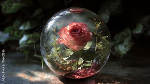 A single red rose preserved within a clear oval shaped resin or glass orb
