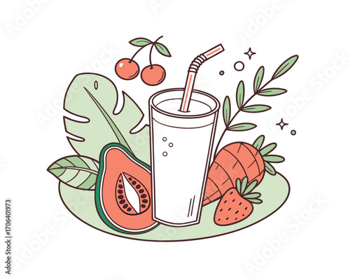 Delicious fruit smoothie with fresh ingredients and tropical leaves for healthy lifestyle and vibrant summer drink advertising