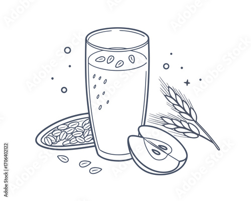 Oat Milk Line Art Illustration with Apple and Wheat Ears for Healthy Lifestyle and Vegan Diet Drink Promotion