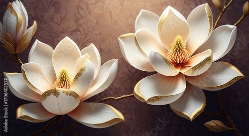 Two delicate white magnolia flowers with gold accents on textured background