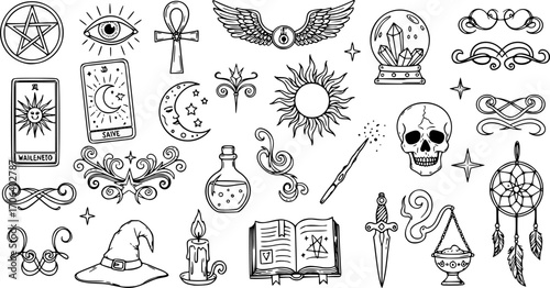 Divine Magic and Occultism Doodle Set – Hand-Drawn Vector Illustrations of Spells, Tarot Cards, Crystals, Candles, Pentagrams, Wands, and Mystical Symbols, Esoteric and Spiritual Concept Icons, Isolat