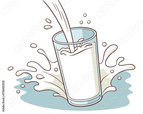 Cartoon Illustration of Milk Being Poured into a Glass with Splashing Effect Refreshing and Nutritious Beverage Image